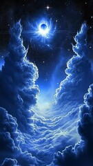 Wall Mural - Clouds tower toward a luminous celestial body in a starry night sky