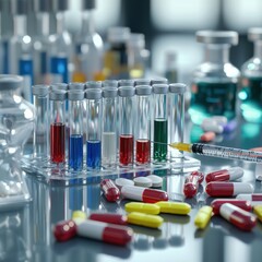 Aufkleber - Laboratory setup showcasing colorful test tubes filled with liquids and scattered capsules on a workspace. Generative AI