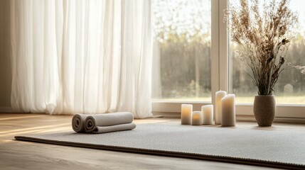 Poster - Cozy indoor space with rolled towels, candles, and a vase of dried flowers near a large window. Generative AI