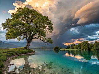 Wall Mural - Serene Lakeside Landscape: Majestic Tree, Dramatic Clouds, Calm Water