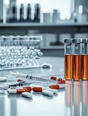 Poster - Laboratory setup showcasing vials with orange liquid, syringes, and white tablets in a modern research facility. Generative AI