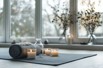 Poster - Relaxing spa setting with candles and soft textiles for a calming atmosphere in a bright room. Generative AI