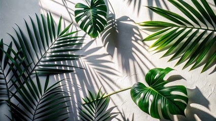 Wall Mural - Serene Tropical Leaf Shadows: White Wall Silhouette Photography