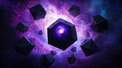 Wall Mural - Cosmic Geometric Scene Featuring Massive Floating Shapes in a Celestial Background