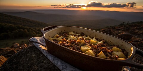 Wall Mural - Silhouette of Baked Potato & Ground Beef Casserole, Rustic Dinner Food Photography