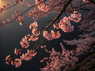 Wall Mural - Silhouette of Cherry Blossoms Swaying in Gentle Breeze, Spring Nature Background