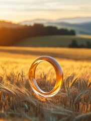 Leinwandbilder - Sunset light shines through a transparent ring on golden wheat field at dusk creating a warm and serene atmosphere. Generative AI