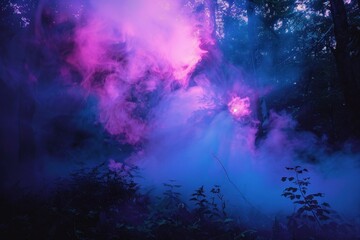 Wall Mural - Pink and blue smoke creates a mysterious and surreal atmosphere in a forest at night