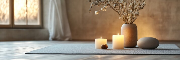 Aufkleber - Candlelit ambiance with decorative flowers and stones in a serene interior space during sunset. Generative AI