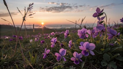 Wall Mural - Silhouette of Violets at Sunset - Elegant Floral Backlit Photography