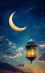 Canvas Print - Crescent Moon Night Sky Lantern Ramadan