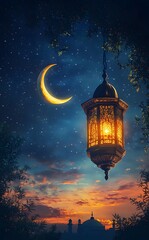 Canvas Print - Ramadan Lantern Hanging Under Night Sky Crescent Moon