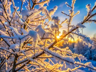 Wall Mural - Snowy Winter Tree Branches, Hoarfrost, Christmas Background, Winter Landscape Photography