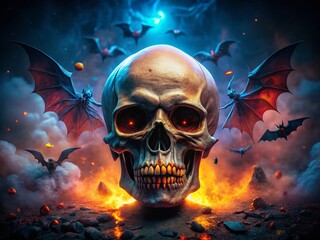 Wall Mural - Spooky Halloween Portrait: Skull & Bats Background