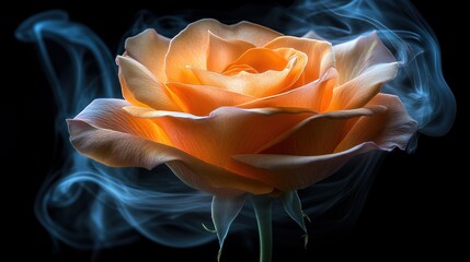 Sticker - Mystical orange rose enveloped in blue smoke against a black background.