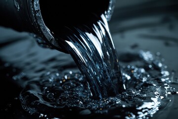 Poster - Water flows from a pipe into a dark surface creating ripples and bubbles. Generative AI