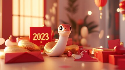 Wall Mural - Snake on table with red envelopes, lanterns, for new year;  holiday decor