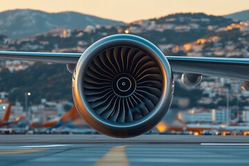 Airplane engine, airport runway, city sunset. Travel, transport stock photo