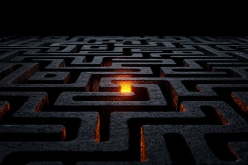 A complex maze with a glowing orange center, set against a dark background, symbolizing challenges and solutions.