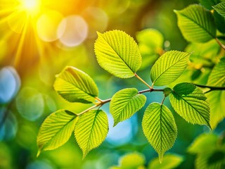 Wall Mural - Sunlit Spring Leaves: Vibrant Green Foliage on Branch Close-Up