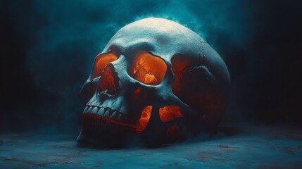 Wall Mural - A skull with a glowing red eye is shown in a dark blue background