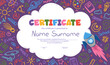 © Foxelle - Colorful school and preschool diploma certificate for kids and children in kindergarten or primary grades with doodle crayon elements on colorful background. Vector cartoon flat illustration