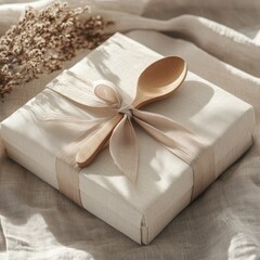 Elegant beige gift box with wooden spoon, tied with ribbon, on linen fabric.