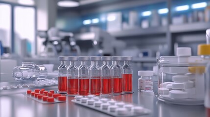 Leinwandbilder - Laboratory setup with vials, pills, and dangerous substances in a research facility at daytime. Generative AI