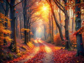 Wall Mural - Surreal Autumn Forest Path: Magical Road Through Colorful Fall Foliage