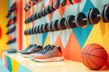 Aufkleber - Collection of athletic shoes, dumbbells, and a basketball displayed in a colorful gym setting. Generative AI