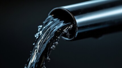 Poster - Water flowing from a metal pipe into a dark background creates dynamic ripples and reflections. Generative AI
