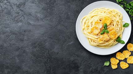 Wall Mural - A creamy pasta dish garnished with herbs, featuring a rich sauce on a dark surface.