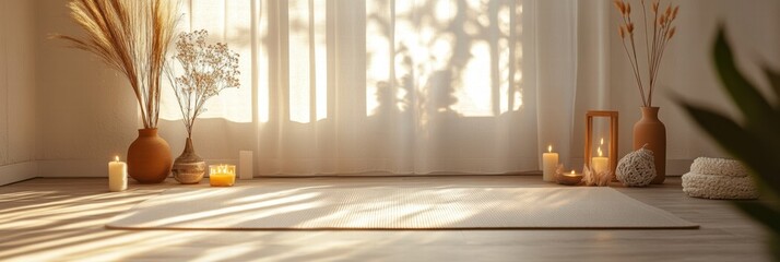 Aufkleber - Serene yoga space with natural light and calming decor for mindfulness practice. Generative AI