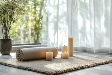 Poster - Relaxation space with yoga mat and candles in a bright room surrounded by nature. Generative AI