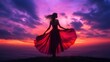 © amorn_m - Enchanting Silhouette of Woman in Flowing Dress Against Sunset Sky