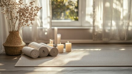 Aufkleber - Softly lit yoga space with rolled mats and candles for relaxation and mindfulness practice in a serene atmosphere. Generative AI