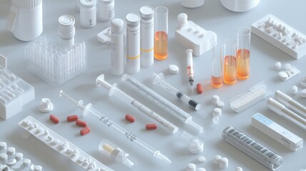 Poster - Different types of medicine and lab equipment arranged on a flat surface in a clinical setting. Generative AI