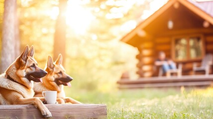 Dogs show love affection emotion concept. Two dogs relax in a sunlit yard near a cozy cabin in a serene outdoor setting.