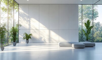 Wall Mural - Modern minimalist lounge, sunlight, plants, glass walls, tranquil