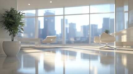 Wall Mural - Modern office, city view, sunlight, chairs, calm