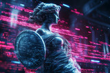 Digital art of an ancient Greek statue in the foreground, surrounded by glowing blue and pink data streams representing digital information. The background is dark with hints of red, purple, blue.