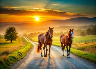 Wall Mural - Tired Horses Returning to Pasture After Ceremony, Rural Landscape Photography