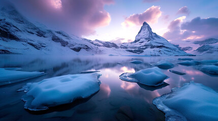 blue and turquoise glacier ocean with jagged, snowcapped mountains in the background