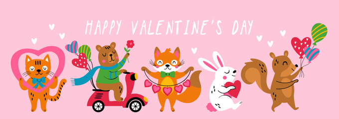 Wall Mural - Valentine's day cute animals set with bear, cat, rabbit, fox and  squirrel. Childish print for cards, stickers, apparel and decoration