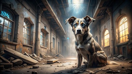 Wall Mural - Urban Exploration Dog Photography: One Blue Eye, Abandoned Building