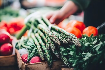 Wall Mural - Asparagus in a basket on the table. Green vegetable healthy food. 