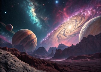 Wall Mural - vibrant cosmic planetscape: surreal nebula and alien worlds stock photo