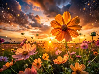 Wall Mural - Vibrant Cosmos Flowers Sunset Field Warm Light Golden Hour Nature Photography