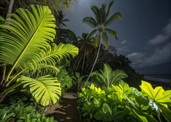 Wall Mural - Vibrant Green Tropical Leaves Motion Blur Night Photography Background