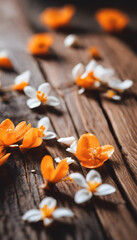 A close-up view of orange and white flowers scattered on a rustic wooden surface. The vibrant colors of the flowers contrast beautifully with the textured wood creating a serene and natural atmosphere